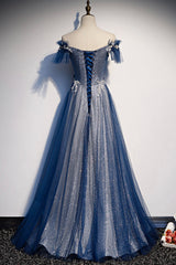 Bridesmaides Dresses Long, Blue Tulle Long A-Line Prom Dress, Off the Shoulder Evening Party Dress