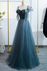 Prom Dress Pattern, Blue Tulle Long A-Line Prom Dress, Simple Sweetheart Neckline Evening Party Dress