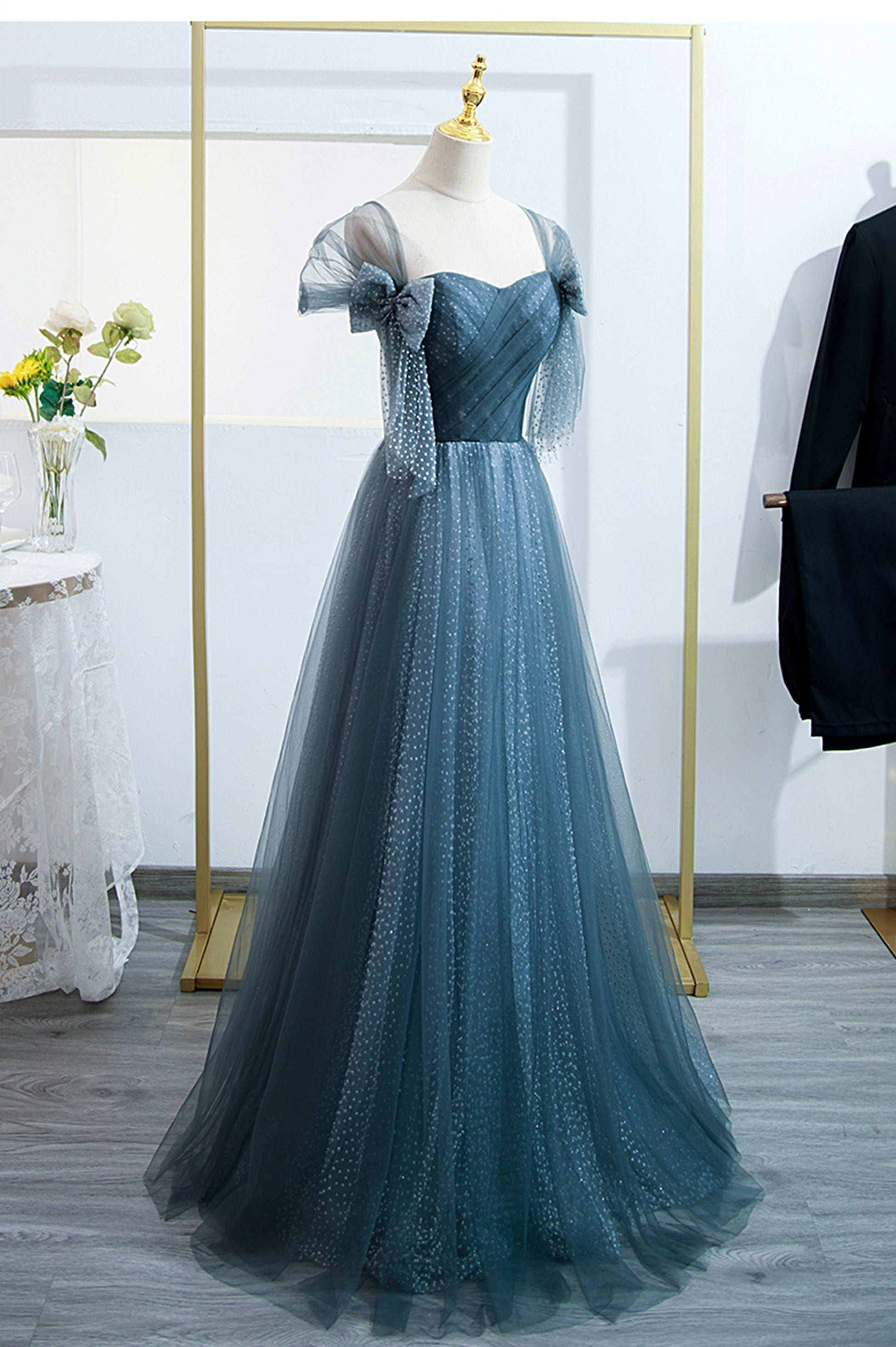 Prom Dresses Patterned, Blue Tulle Long A-Line Prom Dress, Simple Sweetheart Neckline Evening Party Dress