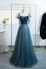 Prom Dresses Pattern, Blue Tulle Long A-Line Prom Dress, Simple Sweetheart Neckline Evening Party Dress