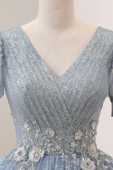 Prom Dresses Affordable, Blue Tulle Long A-Line Prom Dress, V-Neck Short Sleeve Evening Dress