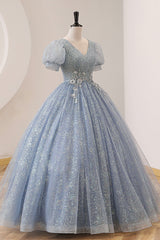 Prom Dress Affordable, Blue Tulle Long A-Line Prom Dress, V-Neck Short Sleeve Evening Dress