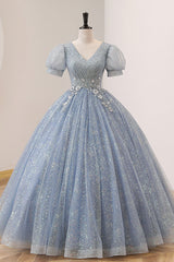Prom Dress Sites, Blue Tulle Long A-Line Prom Dress, V-Neck Short Sleeve Evening Dress