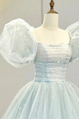 Bridesmaides Dress Ideas, Blue Tulle Long A-Line Prom Dress with Sequins, Lovely Puff Sleeve Evening Gown