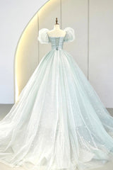 Bridesmaid Dresses Idea, Blue Tulle Long A-Line Prom Dress with Sequins, Lovely Puff Sleeve Evening Gown