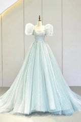 Bridesmaids Dresses Ideas, Blue Tulle Long A-Line Prom Dress with Sequins, Lovely Puff Sleeve Evening Gown