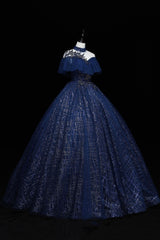 Homecoming Dresses Pockets, Blue Tulle Long Prom Dress with Sequins, A-Line Blue Formal Dress