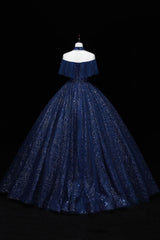 Homecoming Dress Pockets, Blue Tulle Long Prom Dress with Sequins, A-Line Blue Formal Dress