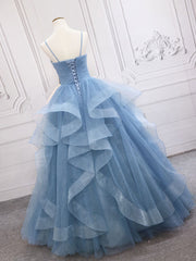 Evening Dresses Knee Length, Blue Tulle Long Prom Dresses, Blue Tulle Formal Dresses Sweet 16 Dress