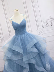 Evening Dresses For Over 52, Blue Tulle Long Prom Dresses, Blue Tulle Formal Dresses Sweet 16 Dress