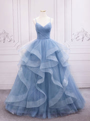 Evening Dress Knee Length, Blue Tulle Long Prom Dresses, Blue Tulle Formal Dresses Sweet 16 Dress