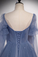 Party Dress Over 41, Blue Tulle Long Sleeve Prom Dress, A-Line Blue Evening Party Dress