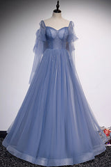 Party Dress Reception Wedding, Blue Tulle Long Sleeve Prom Dress, A-Line Blue Evening Party Dress