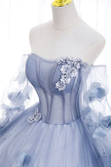 Homecomeing Dresses Blue, Blue Tulle Long Sleeves Formal Dress with Flowers, Blue A-Line Prom Dress