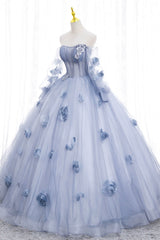 Homecoming Dress Blue, Blue Tulle Long Sleeves Formal Dress with Flowers, Blue A-Line Prom Dress