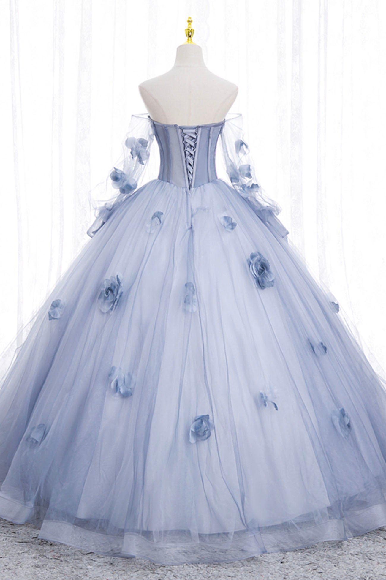 Homecoming Dresses Blues, Blue Tulle Long Sleeves Formal Dress with Flowers, Blue A-Line Prom Dress