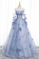 Homecomming Dresses Blue, Blue Tulle Long Sleeves Formal Dress with Flowers, Blue A-Line Prom Dress