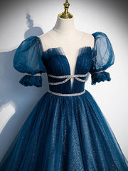 Prom Dresses Short, Blue Tulle Off Shoulder Long Prom Dress, Blue Tulle Formal Dress