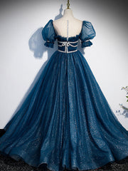 Prom Dress Ideas, Blue Tulle Off Shoulder Long Prom Dress, Blue Tulle Formal Dress