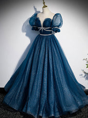 Prom Dresses Long, Blue Tulle Off Shoulder Long Prom Dress, Blue Tulle Formal Dress