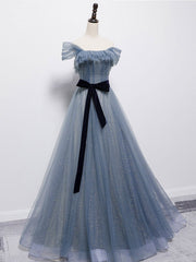 Prom Dresses Sleeves, Blue Tulle Off Shoulder Sequin Long Prom Dress Blue Evening Dress