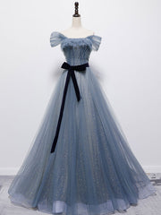 Prom Dress Sleeve, Blue Tulle Off Shoulder Sequin Long Prom Dress Blue Evening Dress