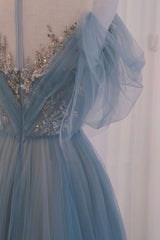 Prom Dresses Around Me, Blue Tulle Sequins Long Prom Dress, A-Line Scoop Neckline Party Dress