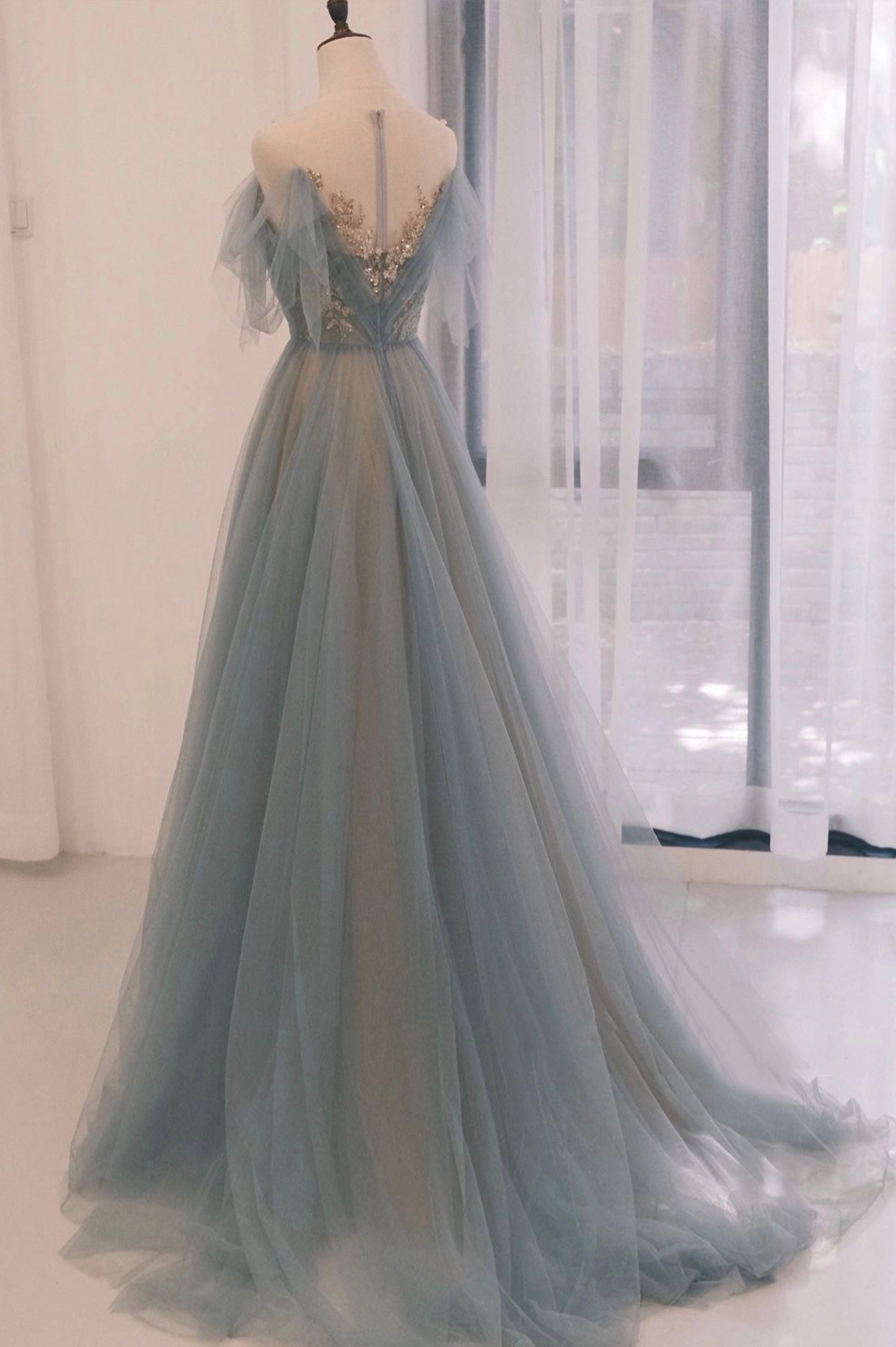 Prom Dress2024, Blue Tulle Sequins Long Prom Dress, A-Line Scoop Neckline Party Dress