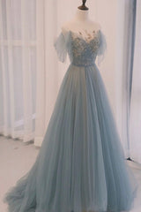 Prom Dress Backless, Blue Tulle Sequins Long Prom Dress, A-Line Scoop Neckline Party Dress