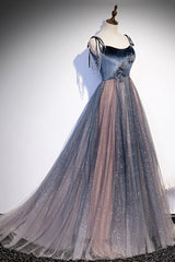Dress Design, Blue Tulle Spaghetti Strap Long Prom Dress, A-Line Lace-Up Evening Dress