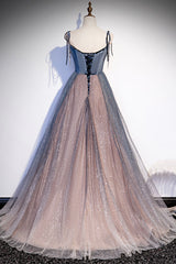 Shirt Dress, Blue Tulle Spaghetti Strap Long Prom Dress, A-Line Lace-Up Evening Dress