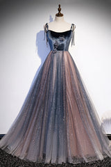 Engagement Dress, Blue Tulle Spaghetti Strap Long Prom Dress, A-Line Lace-Up Evening Dress