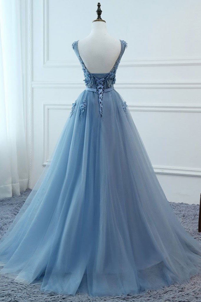 Bridesmaid Dresses Online, Blue Tulle V-neckline Long Party Dress , Tulle Formal Dress