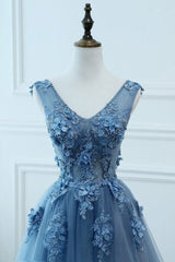 Bridesmaid Dresses Fall, Blue Tulle V-neckline Long Party Dress , Tulle Formal Dress