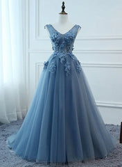 Bridesmaid Dresses Ideas, Blue Tulle V-neckline Long Party Dress , Tulle Formal Dress