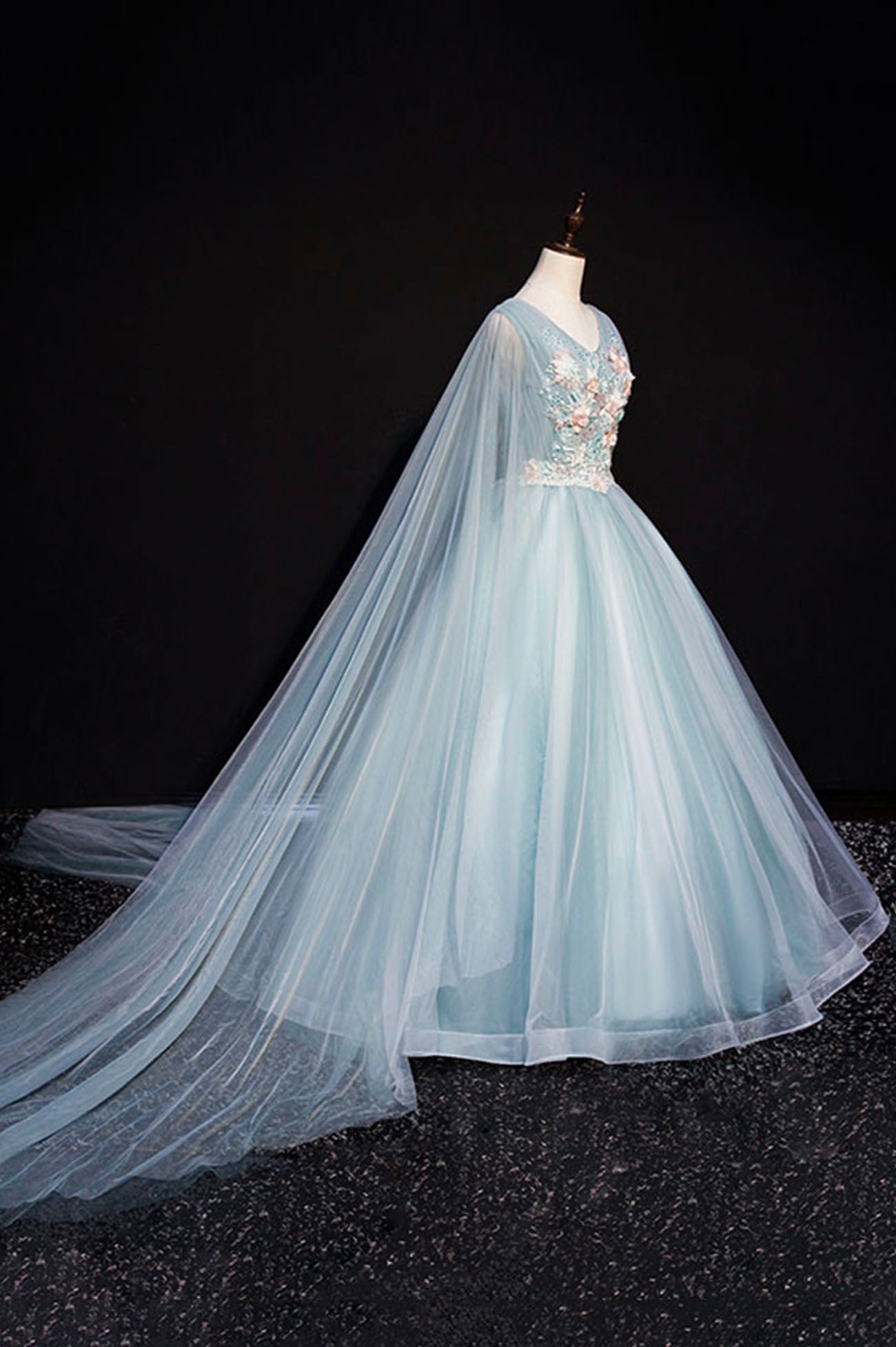 Wedding Color, Blue V-Neck Lace Long Prom Dress, Blue A-Line Formal Evening Dress