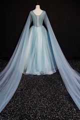 Winter Formal Dress, Blue V-Neck Lace Long Prom Dress, Blue A-Line Formal Evening Dress