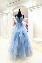 Bridesmaid Dress Strapless, Blue V-Neck Lace Long Prom Dress, Blue Tulle Layers Formal Evening Dress