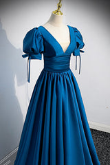 Bridesmaid Dress Websites, Blue V-Neck Satin Long Prom Dress, A-Line Short Sleeve Evening Dress