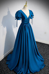 Bridesmaid Dresses Websites, Blue V-Neck Satin Long Prom Dress, A-Line Short Sleeve Evening Dress