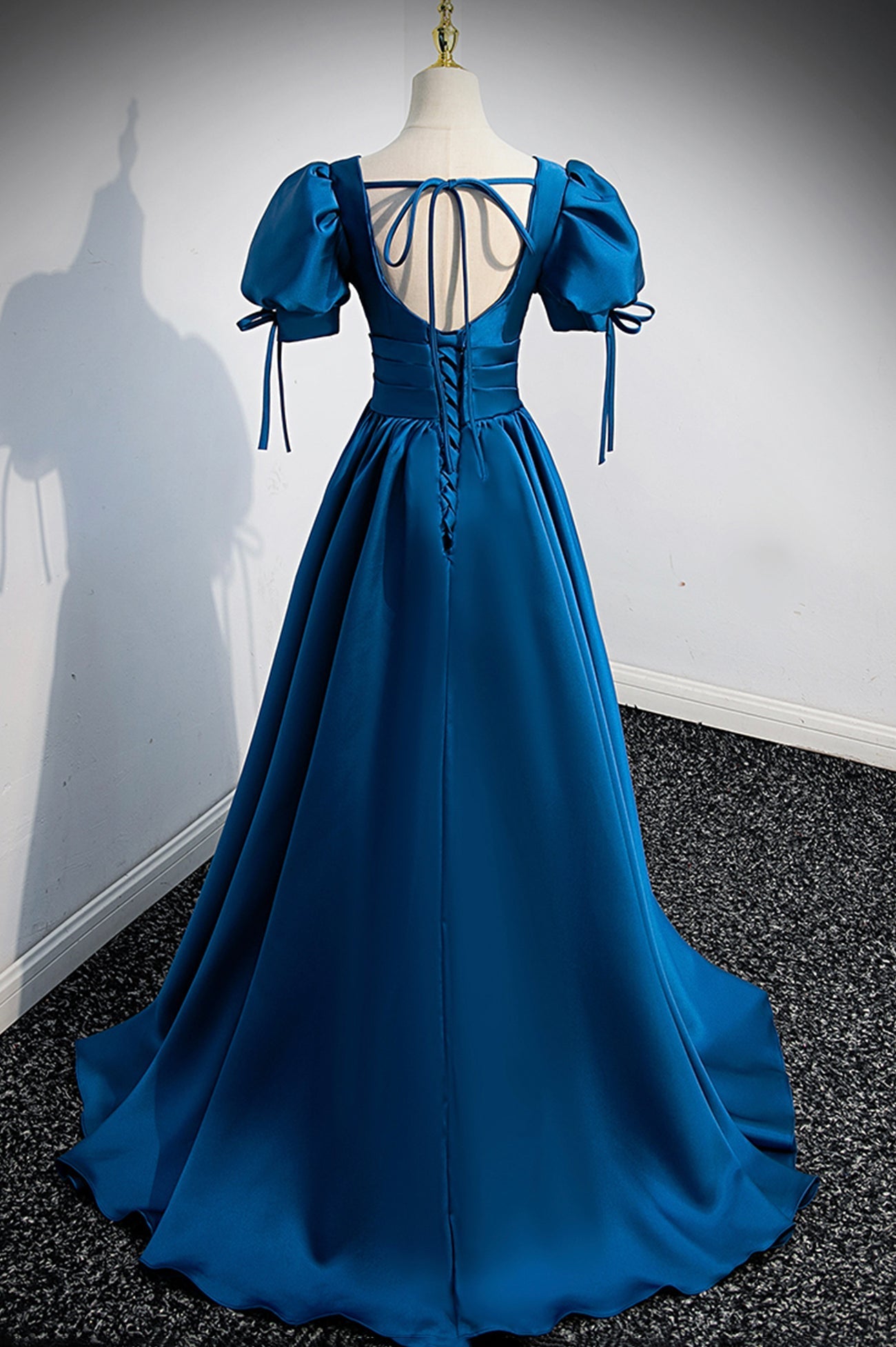 Bridesmaid Dress Website, Blue V-Neck Satin Long Prom Dress, A-Line Short Sleeve Evening Dress