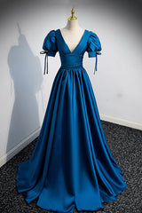 Bridesmaids Dresses Websites, Blue V-Neck Satin Long Prom Dress, A-Line Short Sleeve Evening Dress