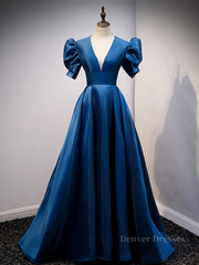 Women Dress, Blue v neck satin long prom dress blue satin evening dress