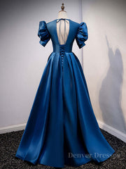 Dress Short, Blue v neck satin long prom dress blue satin evening dress