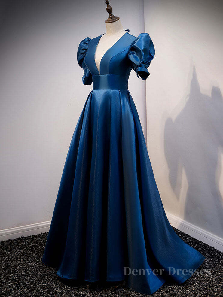 Dress Formal, Blue v neck satin long prom dress blue satin evening dress