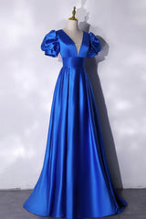Prom Dresses Cute, Blue V-Neck Satin Long Prom Dress, Simple Blue Evening Party Dress