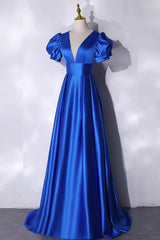 Prom Dresses Open Back, Blue V-Neck Satin Long Prom Dress, Simple Blue Evening Party Dress