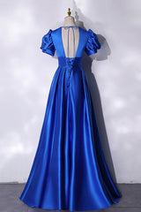 Prom Dress 2020, Blue V-Neck Satin Long Prom Dress, Simple Blue Evening Party Dress