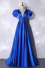 Prom Dress Cute, Blue V-Neck Satin Long Prom Dress, Simple Blue Evening Party Dress