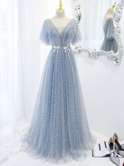 Evening Dress Sale, Blue v neck tulle beads long prom dress, blue tulle formal dress